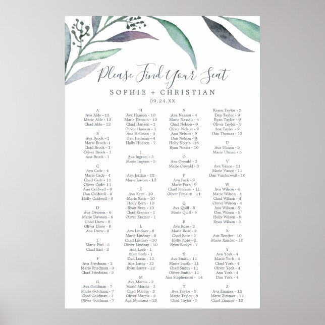 Lila Grönt Eucalyptus Alfabetiskt sittdiagram Poster (Framsidan)