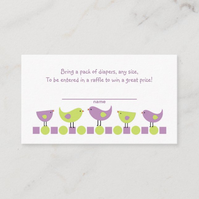 Lila Grönt Fåglar Diaper Raffle Biljett eller info Tilläggskort (Framsida)