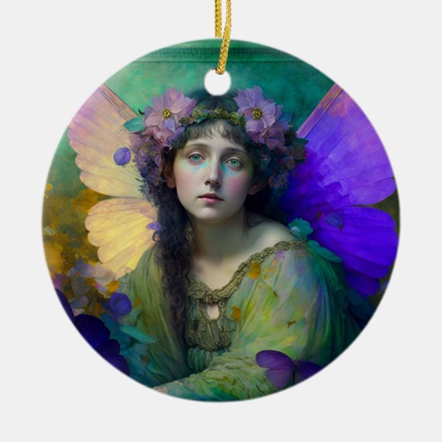 Lila Grönt Fairy Fantasy Art Julgransprydnad Keramik (Framsidan)