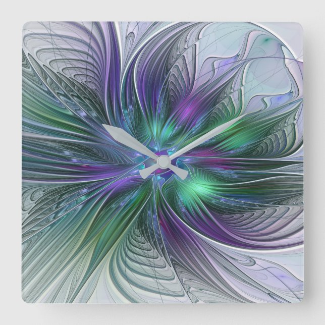 Lila Grönt Feder Modern Abstrakt Art Fractal Fyrkantig Klocka (Framsida)