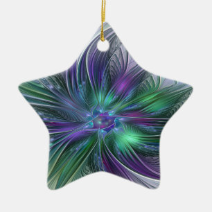 Lila Grönt Feder Modern Abstrakt Art Fractal Julgransprydnad Keramik
