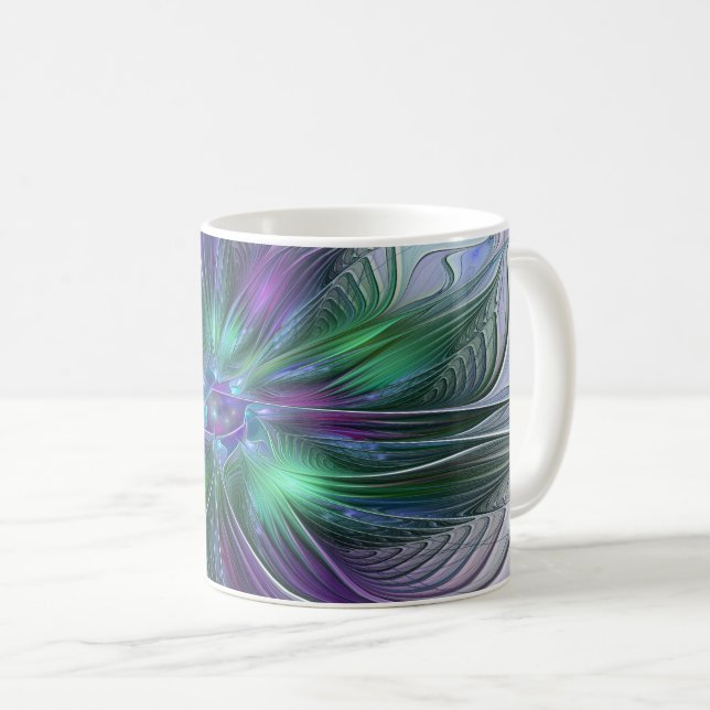 Lila Grönt Feder Modern Abstrakt Art Fractal Kaffemugg (Framsida höger)
