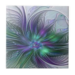 Lila Grönt Feder Modern Abstrakt Art Fractal Kakelplatta