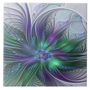 Lila Grönt Feder Modern Abstrakt Art Fractal Kakelplatta