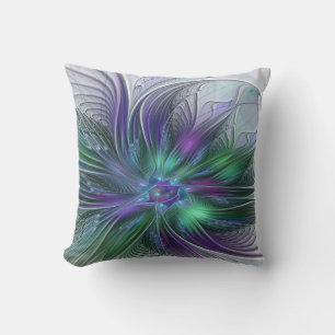 Lila Grönt Feder Modern Abstrakt Art Fractal Kudde