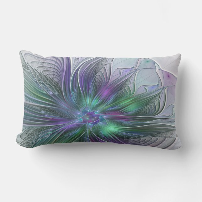Lila Grönt Feder Modern Abstrakt Art Fractal Lumbarkudde (Framsida)