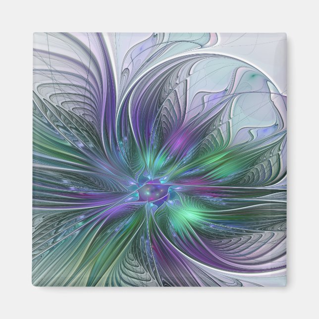 Lila Grönt Feder Modern Abstrakt Art Fractal Magnet (Framsidan)