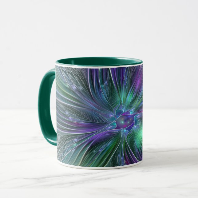Lila Grönt Feder Modern Abstrakt Art Fractal Mugg (Framsida vänster)
