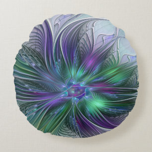 Lila Grönt Feder Modern Abstrakt Art Fractal Rund Kudde