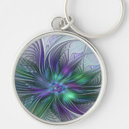 Lila Grönt Feder Modern Abstrakt Art Fractal Rund Silverfärgad Nyckelring