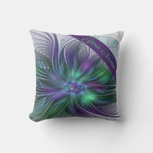 Lila Grönt Flower Modern Abstrakt Fractal Namn Kudde
