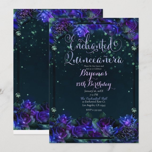 Lila Grönt Garden Glow 15 Quinceañera Inbjudningar (Fram/baksida)