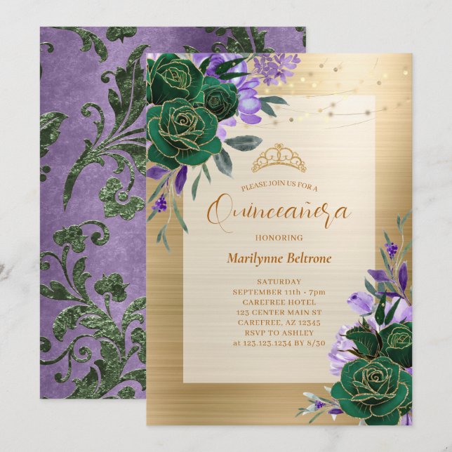 Lila Grönt Guld Blommigt Quinceañera-inbjudan Inbjudningar (Fram/baksida)