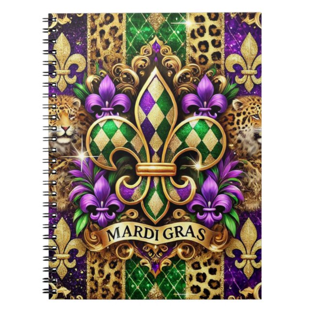 LILA GRÖNT GULD MARDI GRAS FLEUR DE LIS ANTECKNINGSBOK (Framsidan)