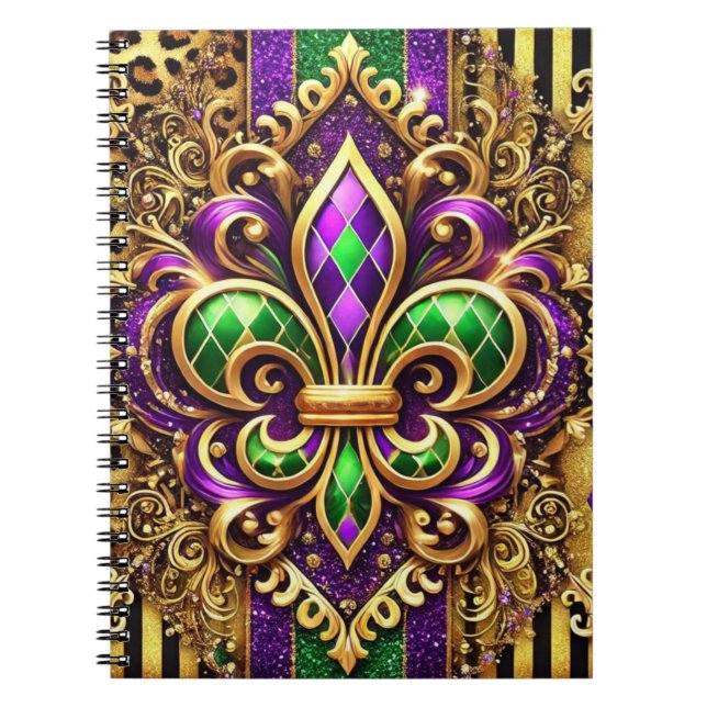 LILA GRÖNT GULD MARDI GRAS FLEUR DE LIS ANTECKNINGSBOK (Framsidan)