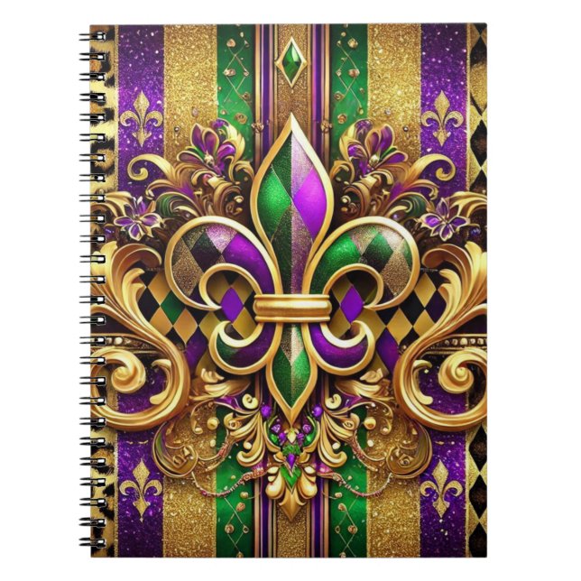 LILA GRÖNT GULD MARDI GRAS FLEUR DE LIS ANTECKNINGSBOK (Framsidan)