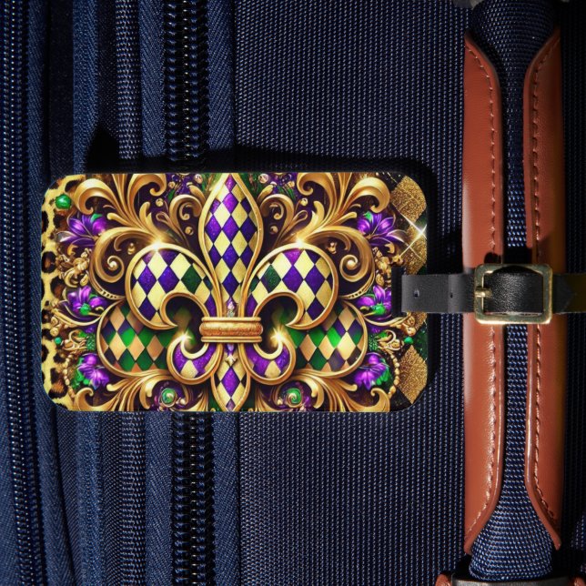 LILA GRÖNT GULD MARDI GRAS FLEUR DE LIS BAGAGEBRICKA (Framsida Insitu 4)