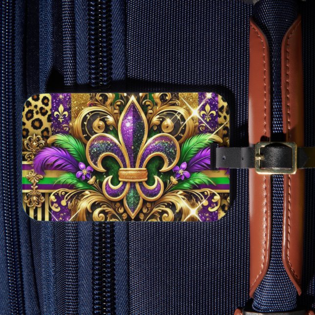 LILA GRÖNT GULD MARDI GRAS FLEUR DE LIS BAGAGEBRICKA (Framsida Insitu 4)