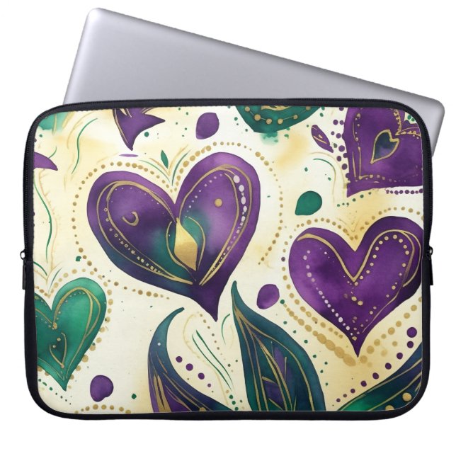 LILA GRÖNT GULD MARDI GRAS HEARTS LAPTOP FODRAL (Framsidan)