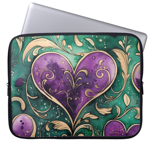 LILA GRÖNT GULD MARDI GRAS HEARTS LAPTOP FODRAL (Framsidan)