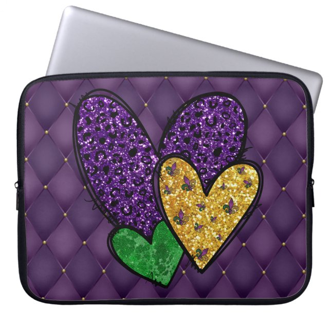 LILA GRÖNT GULD MARDI GRAS HEARTS LAPTOP FODRAL (Framsidan)