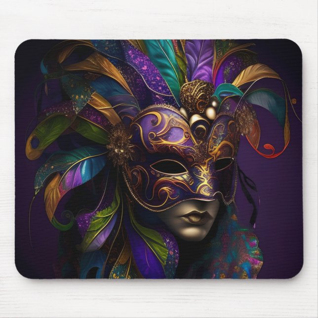 LILA GRÖNT GULD MARDI GRAS MASK & FEATHERS MUSMATTA (Framsidan)