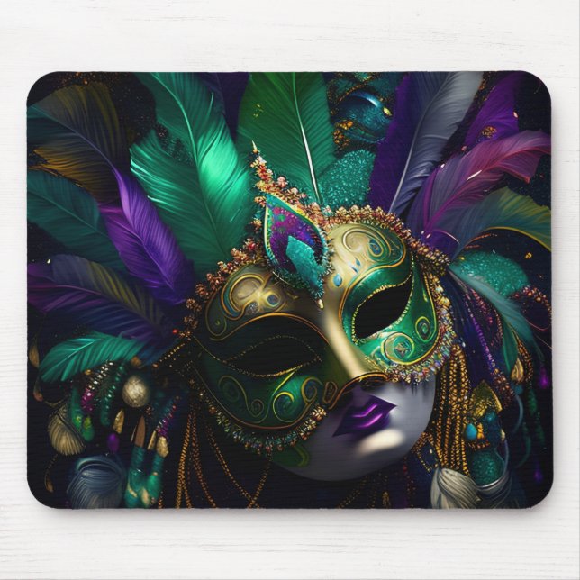 LILA GRÖNT GULD MARDI GRAS MASK & FEATHERS MUSMATTA (Framsidan)