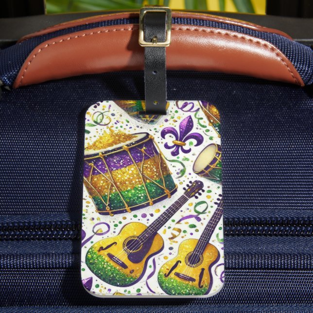 LILA GRÖNT GULD MARDI GRAS MUSICAL INSTRUMENT BAGAGEBRICKA (Framsida Insitu 2)