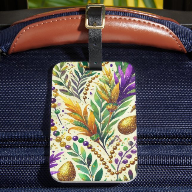 LILA GRÖNT GULD MARDI GRAS PÄRLOR & FEATHERS BAGAGEBRICKA (Framsida Insitu 2)