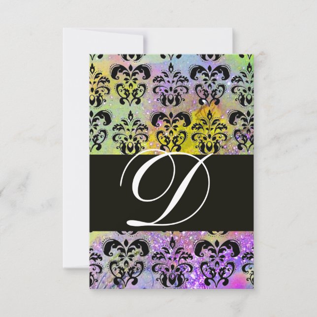 LILA GRÖNT GULT BLACK DAMASK MONOGRAM OSA KORT (Framsida)