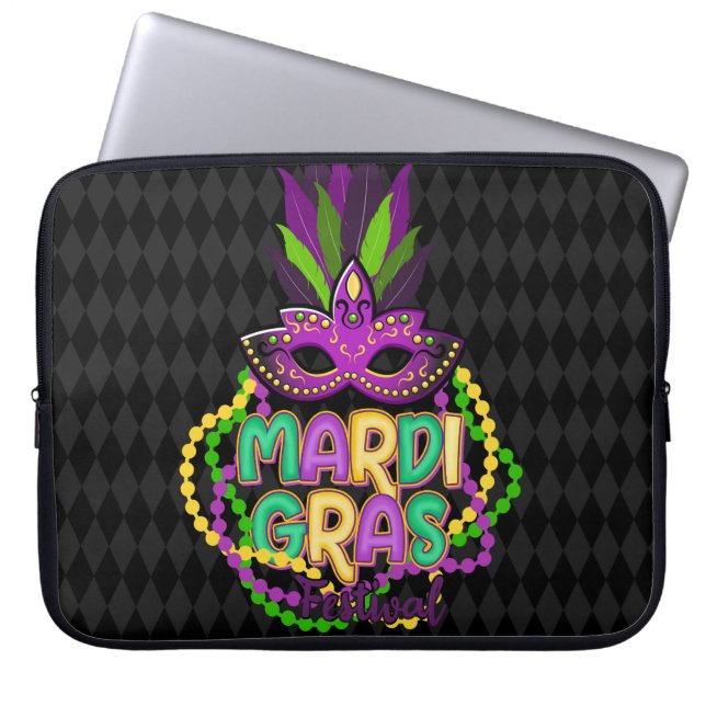 LILA GRÖNT GULT MARDI GRAS PÄRLOR & SAYING LAPTOP FODRAL (Framsidan)