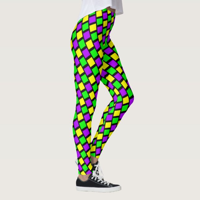 Lila Grönt Gult Mönster Black Mardi Gras Leggings (Höger)