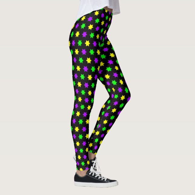 Lila Grönt Gult Stars Black Mardi Gras Leggings (Höger)