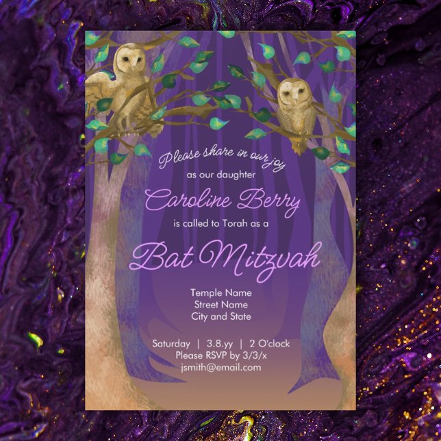 Lila, Grönt Löv, Uggla Bat mitzvah inbjudan (purple bat mitzvah invitation owls magical forest trees green leaves)