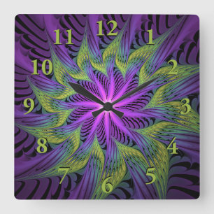 Lila Grönt Modern Abstrakt Fractal Art Fyrkantig Klocka