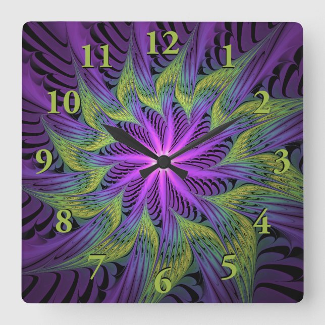 Lila Grönt Modern Abstrakt Fractal Art Fyrkantig Klocka (Framsida)