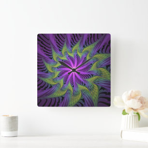 Lila Grönt Modern Abstrakt Fractal Art Fyrkantig Klocka