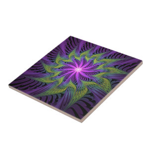 Lila Grönt Modern Abstrakt Fractal Art Kakelplatta