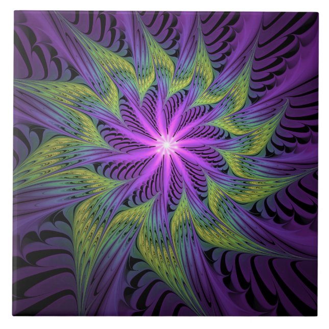 Lila Grönt Modern Abstrakt Fractal Art Kakelplatta (Framsidan)