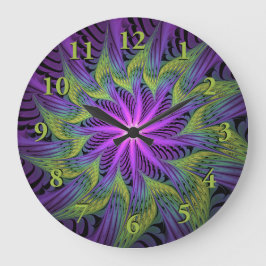 Lila Grönt Modern Abstrakt Fractal Art Stor Klocka