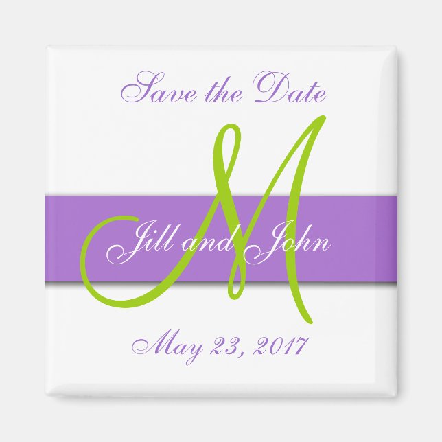 Lila Grönt Monogram Spara datum magneter (Framsidan)