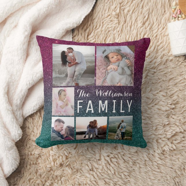 Lila Grönt Ombre Glitter Family Photo Collage Kudde (Filt)