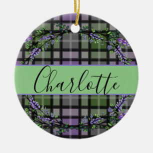 Lila grönt plaid lavender eucalyptus julgransprydnad keramik