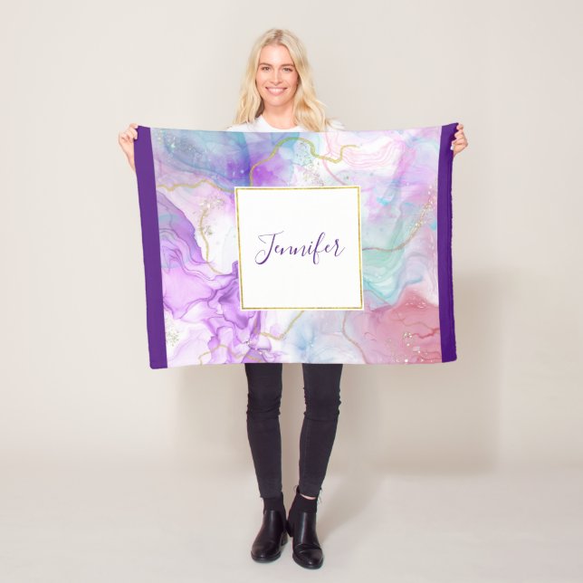 Lila, Grönt, Rosa Flytande Färg Elegant Fleecefilt (På plats)