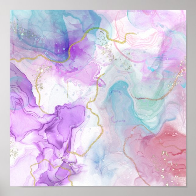 Lila, Grönt, Rosa Flytande Färg Elegant Poster (Framsidan)
