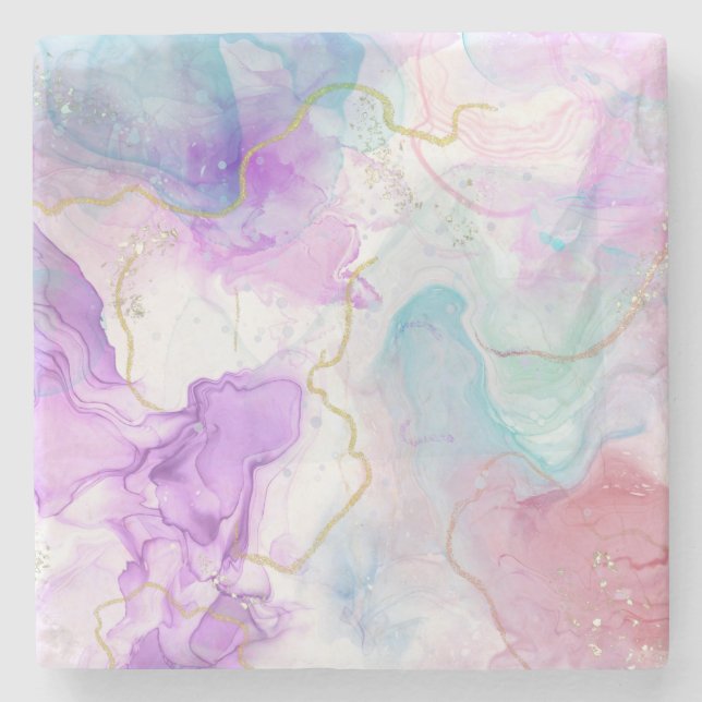 Lila, Grönt, Rosa Flytande Färg Elegant Stenunderlägg (Framsidan)