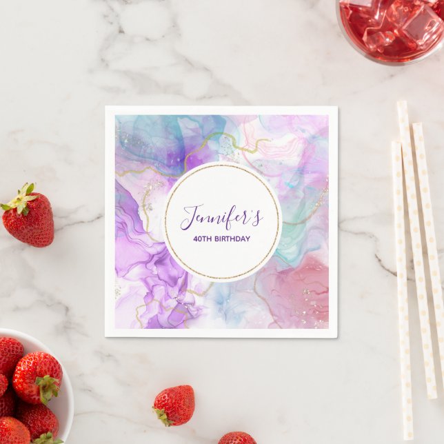 Lila, Grönt, Rosa Flytande Färg födelsedag Pappersservett (Insitu)