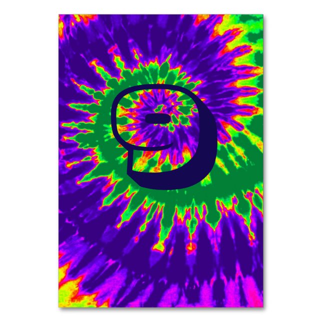 Lila & Grönt Spiral Tie Dye Bröllop Bord Nine Bordsnummer (Framsidan)