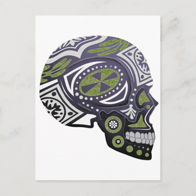 Lila Grönt Sugar Skull Skeleton Vykort (Framsida)