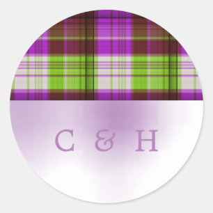 Lila Grönt Tartan Play Bröllop Runt Klistermärke